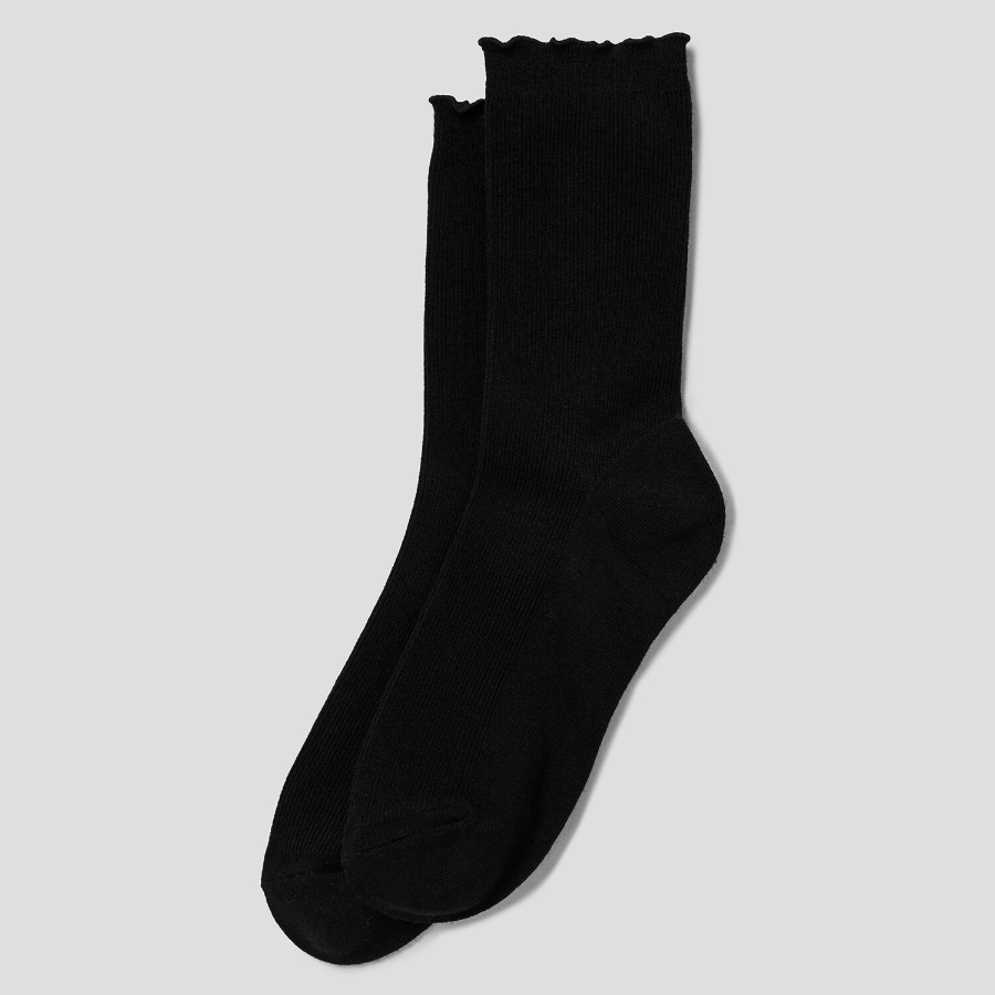 8 seconds Shirred Ankle Fine Ribbed Socks — Black