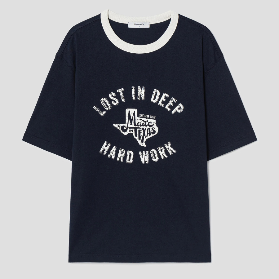 8 seconds Rib Contrast Graphic T-shirt — Navy