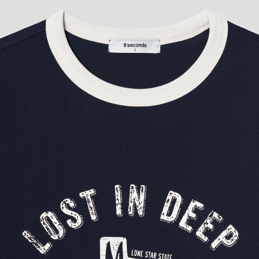 8 seconds Rib Contrast Graphic T-shirt — Navy