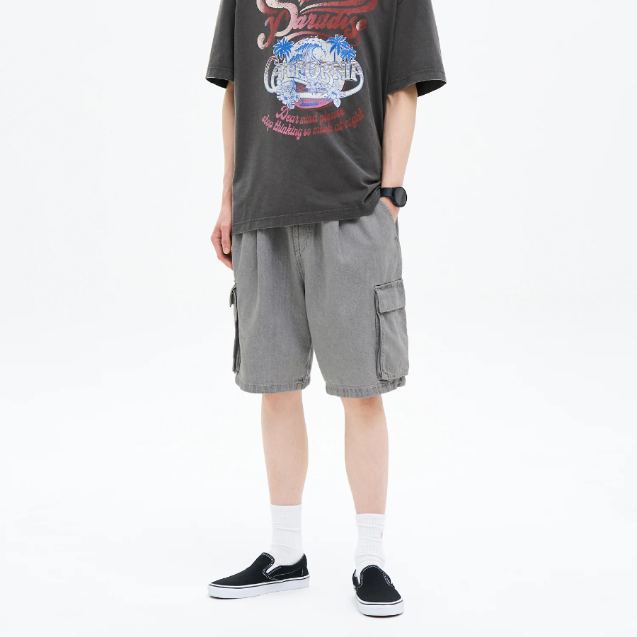 8 seconds Full Banding Cargo Denim Shorts — Light Gray