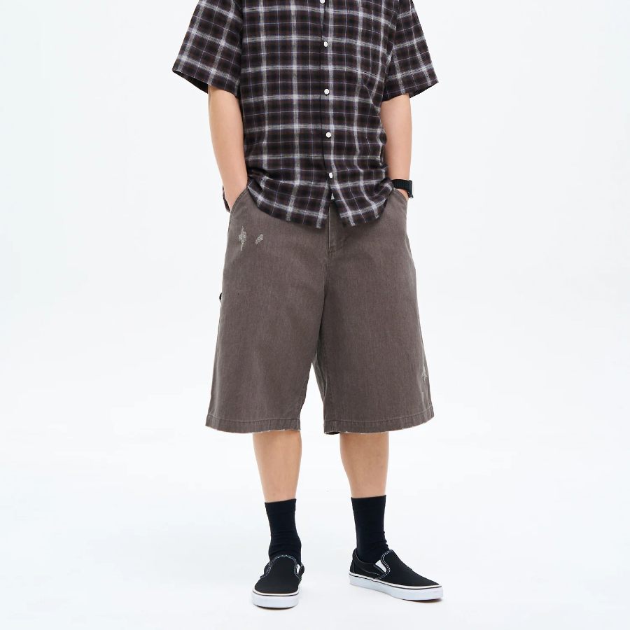 8 seconds Washing Cotton Buckle Half-Banding Shorts — Brown