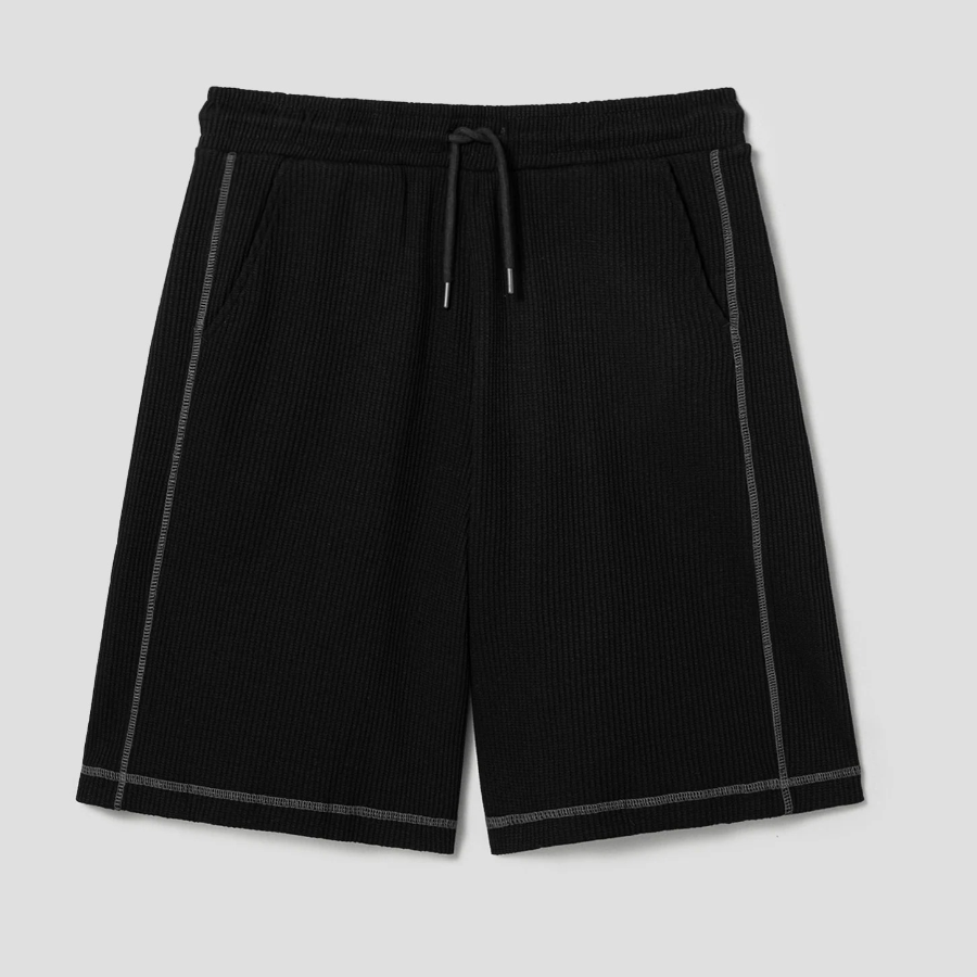 8 seconds Oversized Waffle Texture Contrast Stitch Banding Shorts — Black