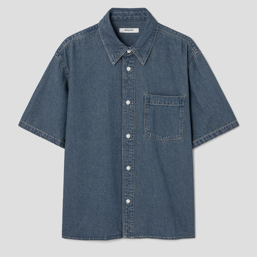 8 seconds Essential Short-Sleeve Denim Shirt — Blue