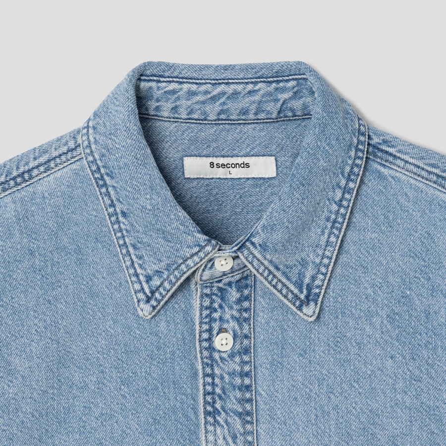 8 seconds Essential Short-Sleeve Denim Shirt — Sky Blue