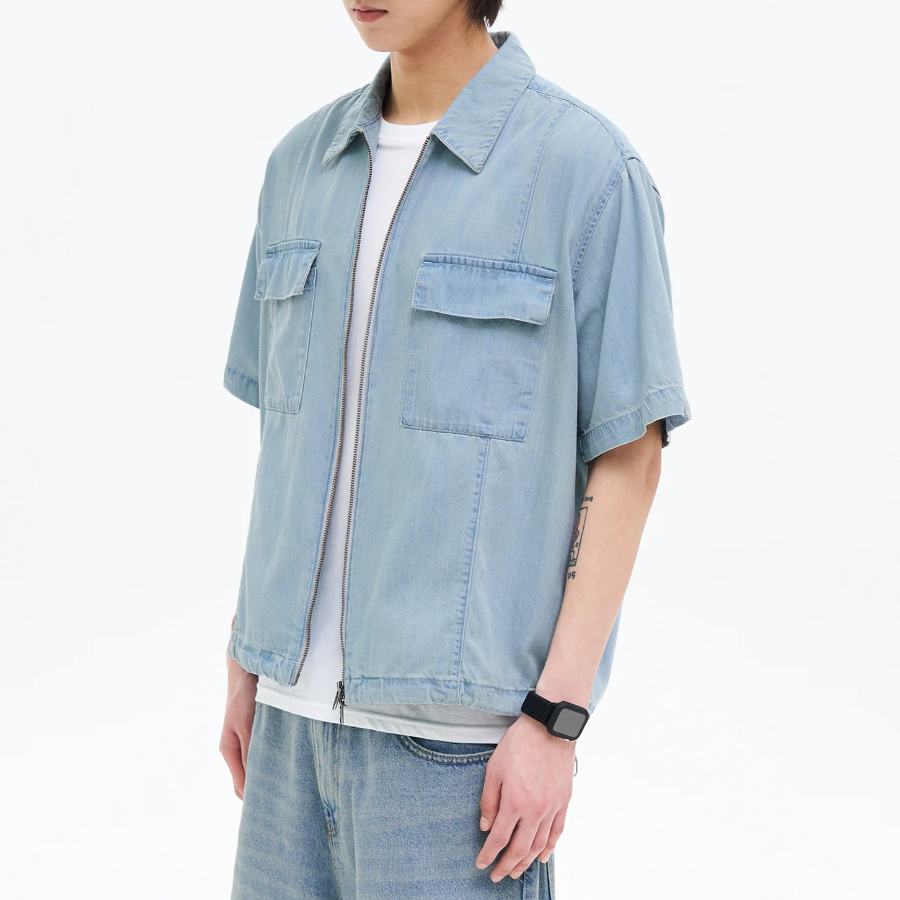 8 seconds Lightweight Zip-Up Denim Short-Sleeve Shirt — Sky Blue