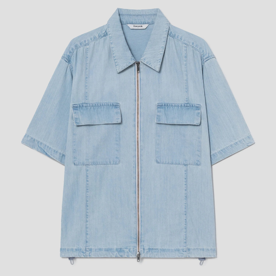 8 seconds Lightweight Zip-Up Denim Short-Sleeve Shirt — Sky Blue