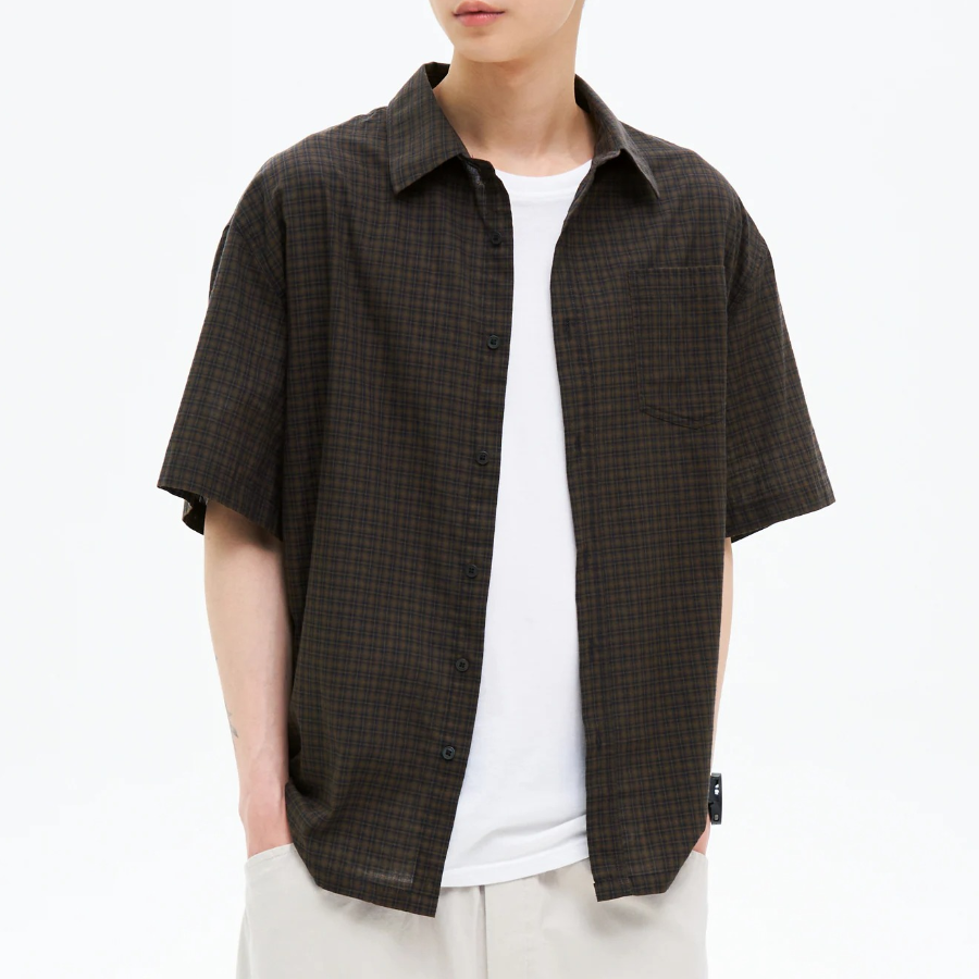 8 seconds Sheer Check Short-Sleeve Shirt — Brown