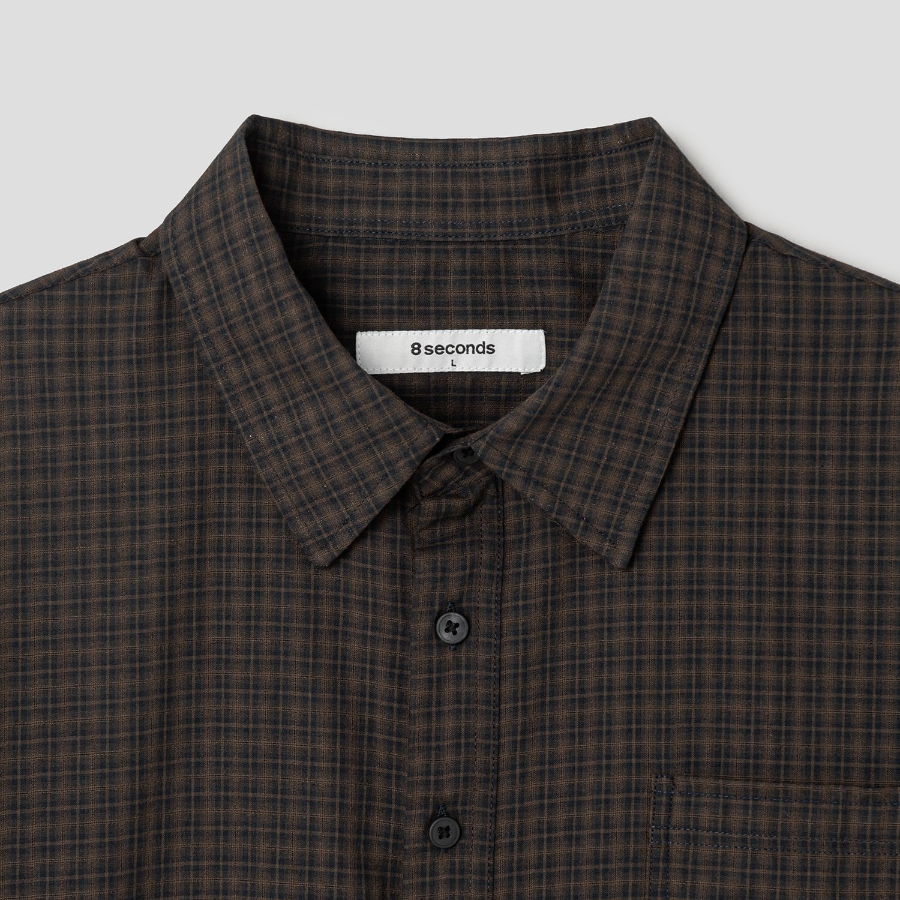 8 seconds Sheer Check Short-Sleeve Shirt — Brown