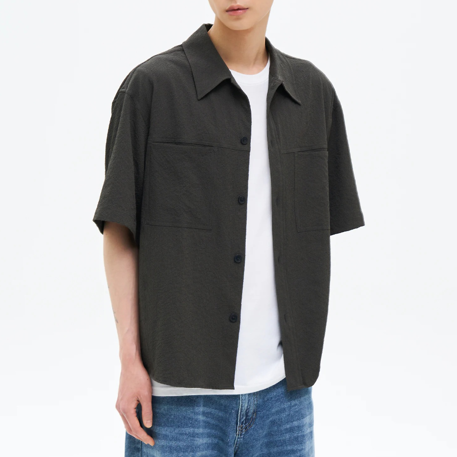 8 seconds Seersucker Short-Sleeve Shacket — Khaki