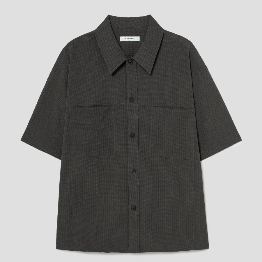 8 seconds Seersucker Short-Sleeve Shacket — Khaki