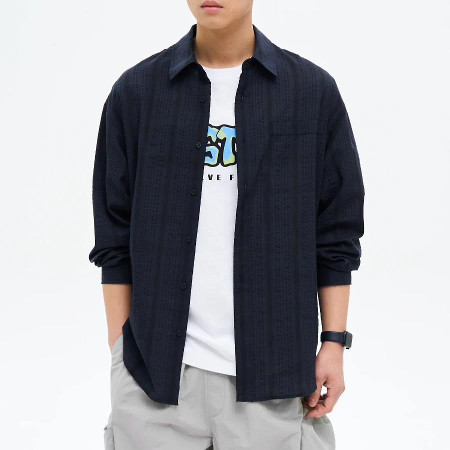 8 seconds Sheer Stripe Oversized Shirt — Navy