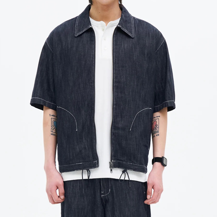 8 seconds Short-Sleeve Zip-Up Denim Shacket — Navy