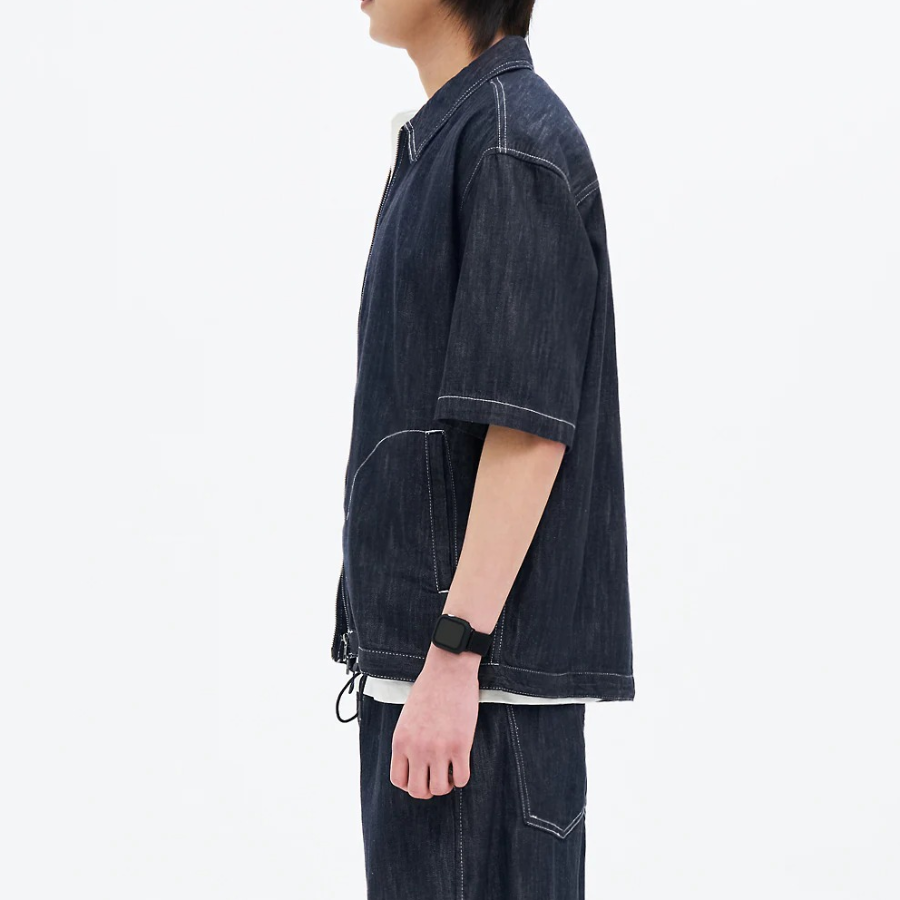 8 seconds Short-Sleeve Zip-Up Denim Shacket — Navy