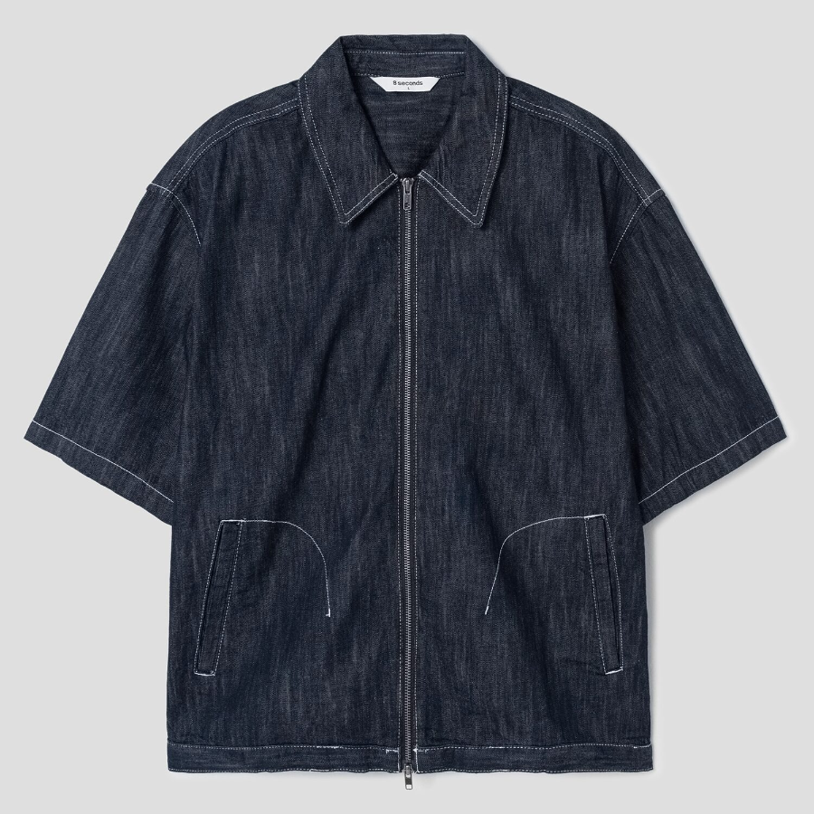 8 seconds Short-Sleeve Zip-Up Denim Shacket — Navy