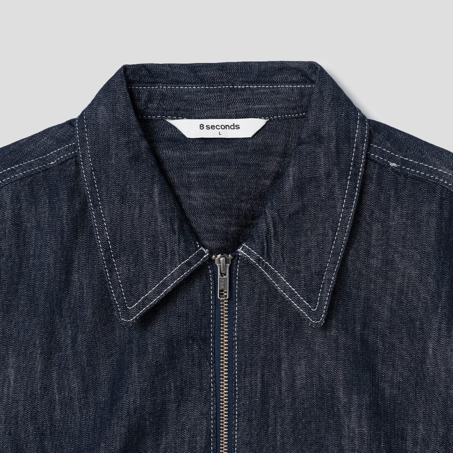 8 seconds Short-Sleeve Zip-Up Denim Shacket — Navy