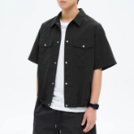 8 seconds Nylon Trucker Oversized Short-Sleeve Shacket — Black