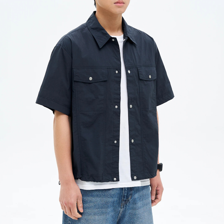 8 seconds Nylon Trucker Oversized Short-Sleeve Shacket — Navy