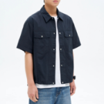 8 seconds Nylon Trucker Oversized Short-Sleeve Shacket — Navy