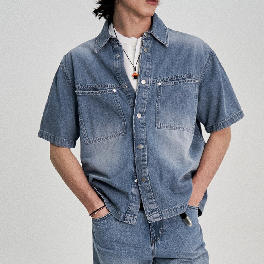 8 seconds Lightweight Pocket Detail Short-Sleeve Denim Shirt — Blue