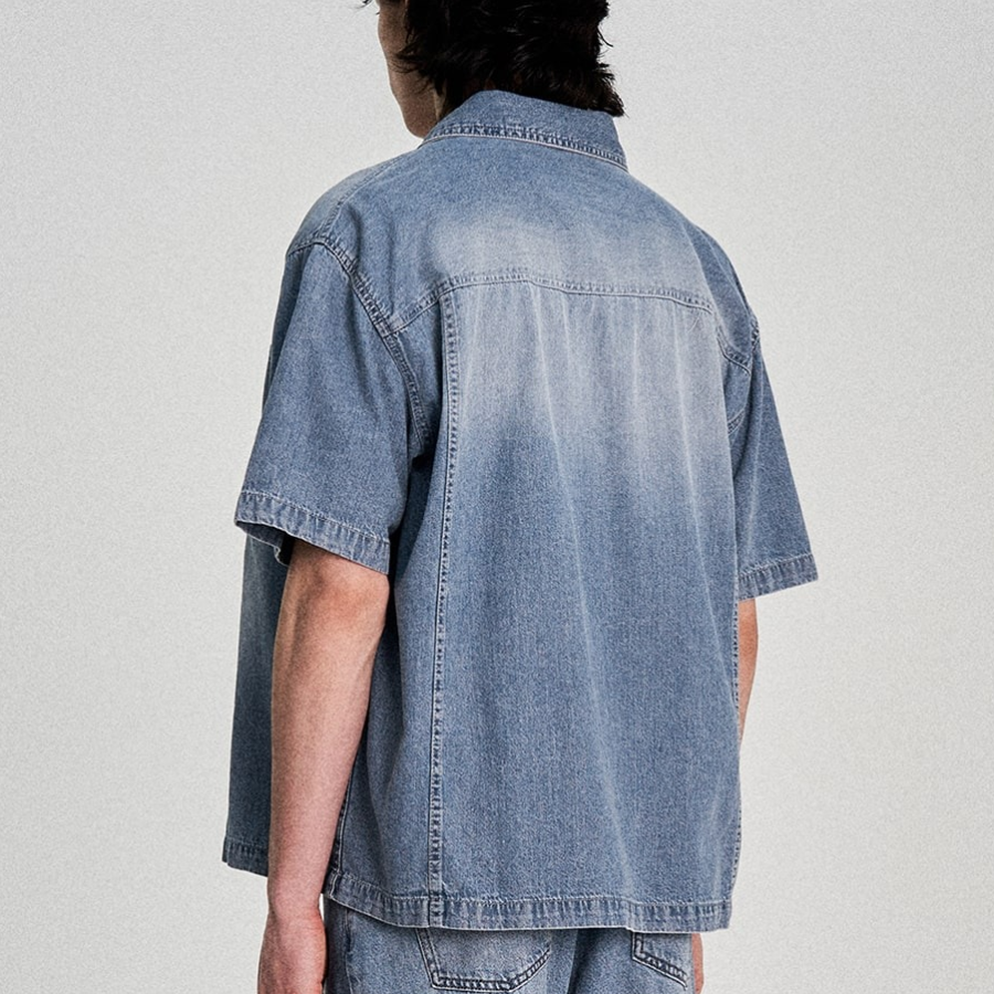 8 seconds Lightweight Pocket Detail Short-Sleeve Denim Shirt — Blue
