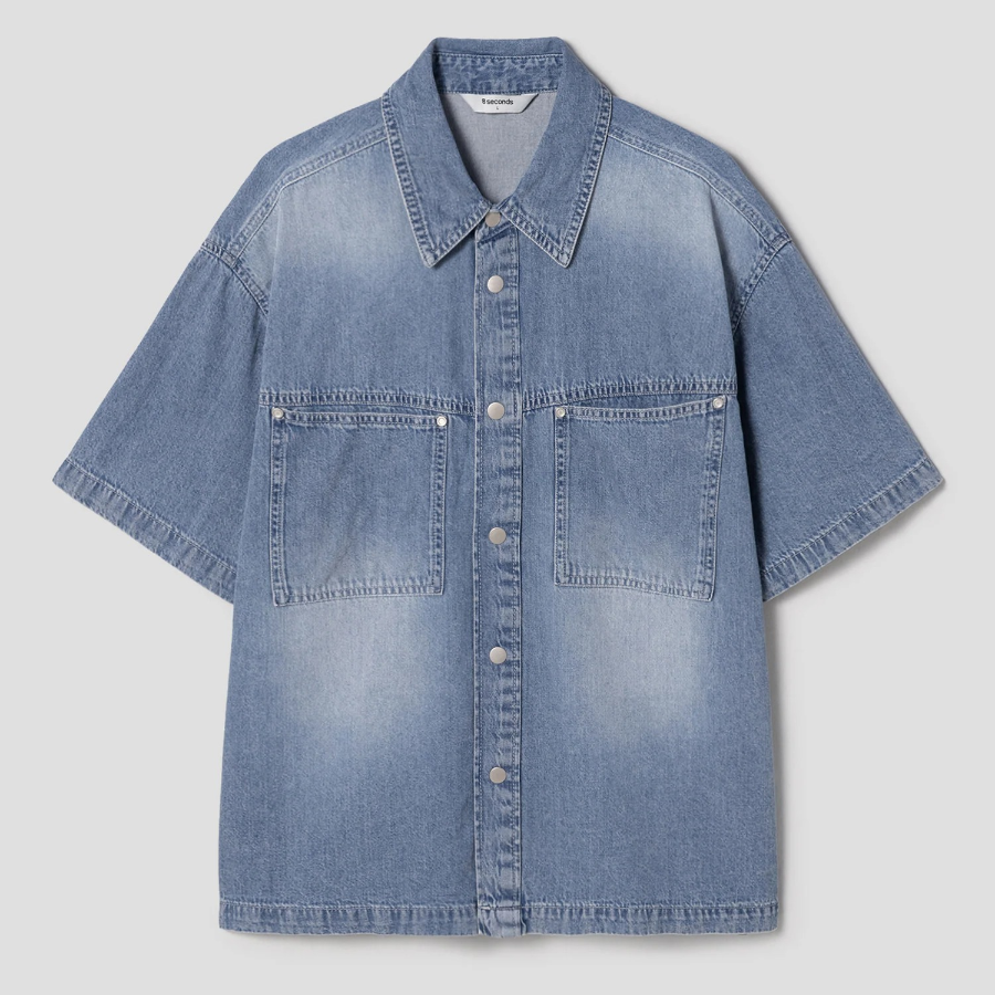 8 seconds Lightweight Pocket Detail Short-Sleeve Denim Shirt — Blue
