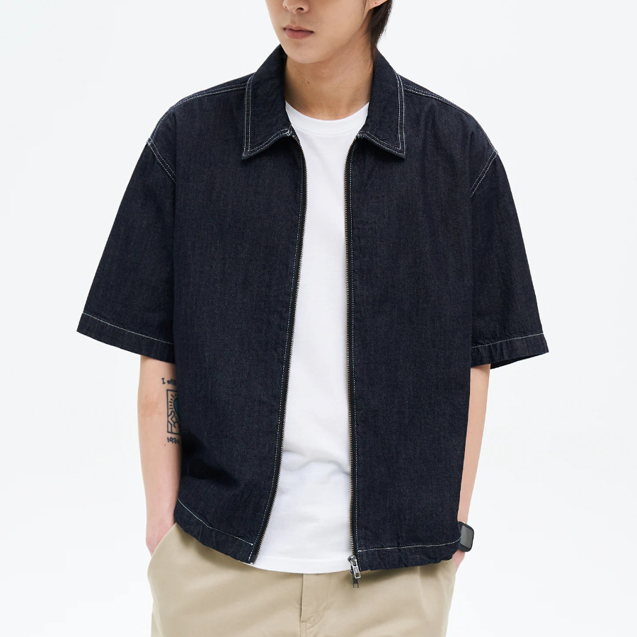 8 seconds Zip-Up Short-Sleeve Denim Shirt — Navy