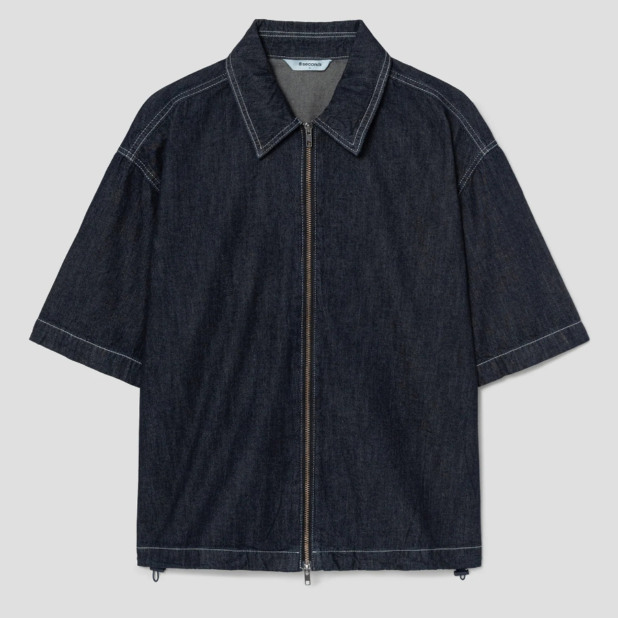 8 seconds Zip-Up Short-Sleeve Denim Shirt — Navy