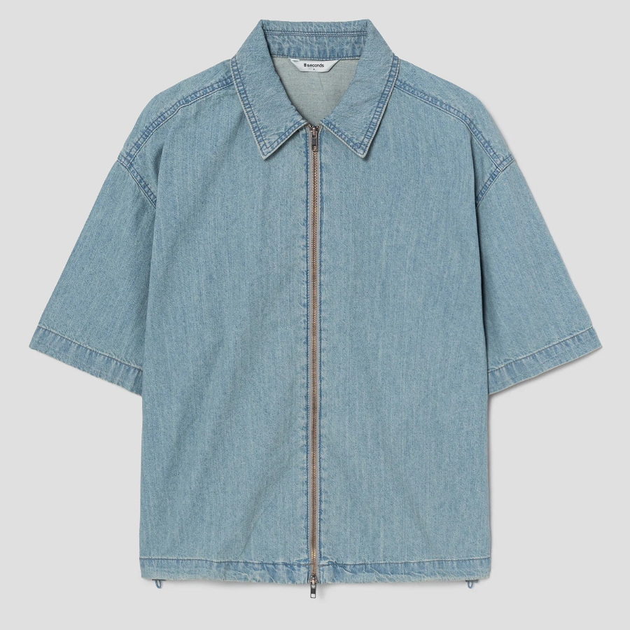 8 seconds Zip-Up Short-Sleeve Denim Shirt — Sky Blue