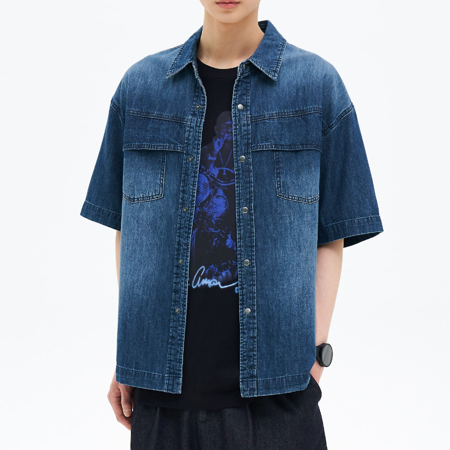 8 seconds Washing Texture Denim Short Sleeve Shirt — Blue