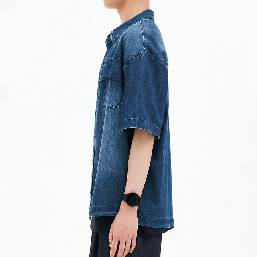 8 seconds Washing Texture Denim Short Sleeve Shirt — Blue