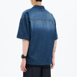 8 seconds Washing Texture Denim Short Sleeve Shirt — Blue