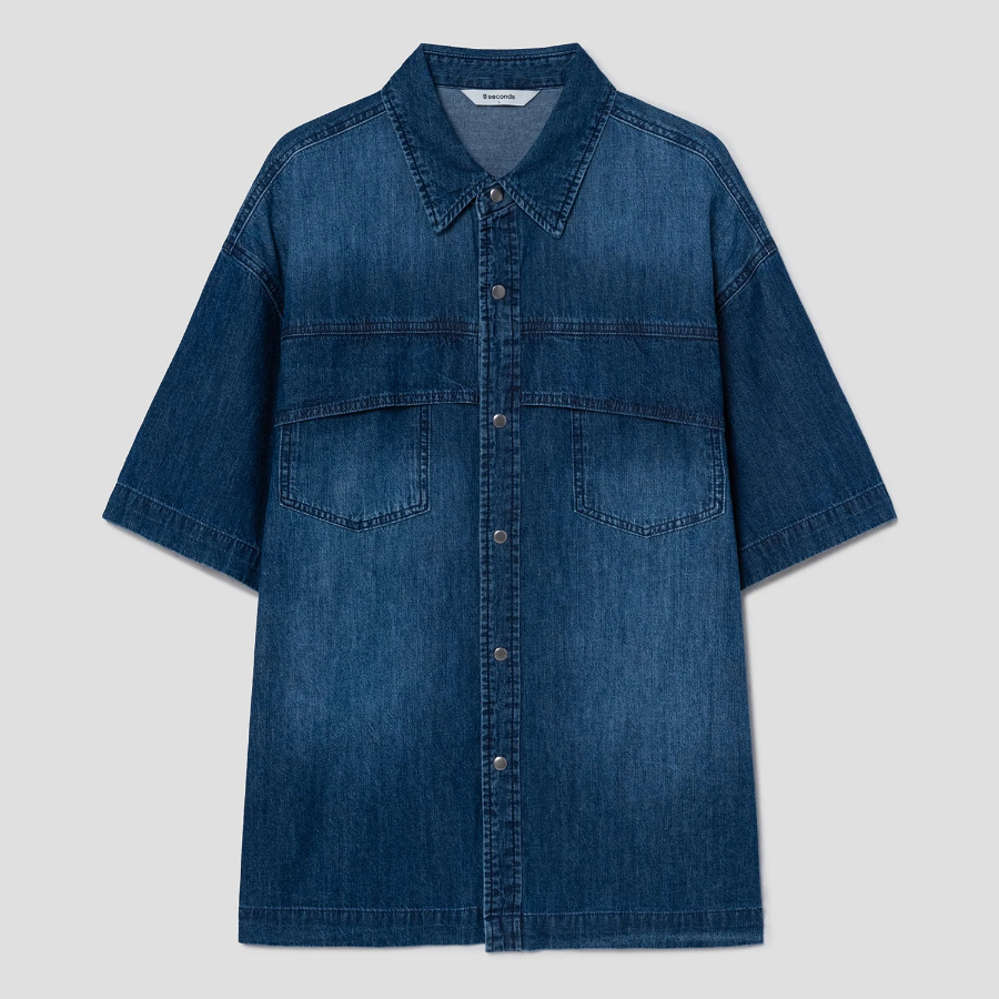 8 seconds Washing Texture Denim Short Sleeve Shirt — Blue