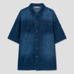 8 seconds Washing Texture Denim Short Sleeve Shirt — Blue