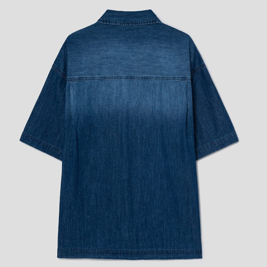 8 seconds Washing Texture Denim Short Sleeve Shirt — Blue