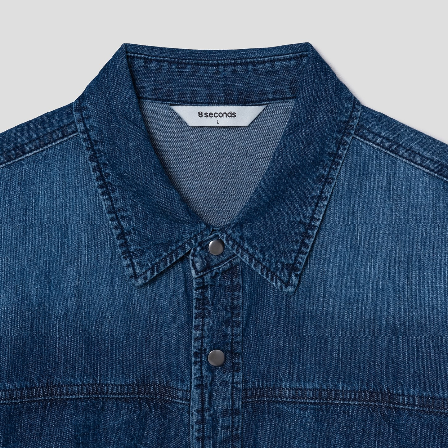 8 seconds Washing Texture Denim Short Sleeve Shirt — Blue