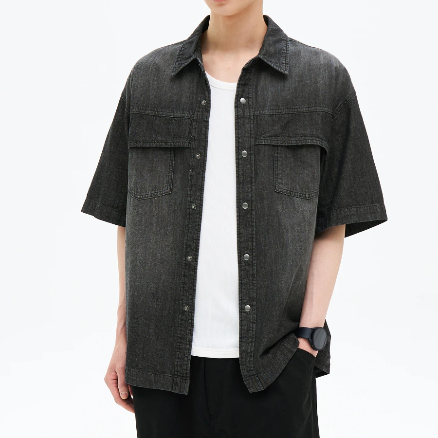 8 seconds Washing Texture Denim Short Sleeve Shirt — Black