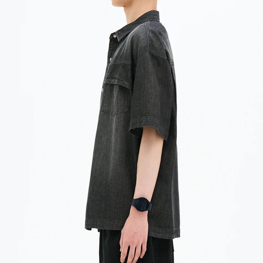 8 seconds Washing Texture Denim Short Sleeve Shirt — Black
