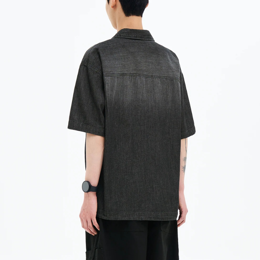 8 seconds Washing Texture Denim Short Sleeve Shirt — Black