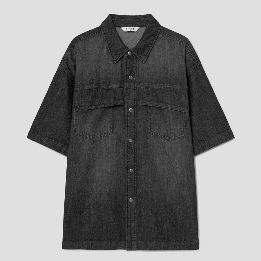 8 seconds Washing Texture Denim Short Sleeve Shirt — Black