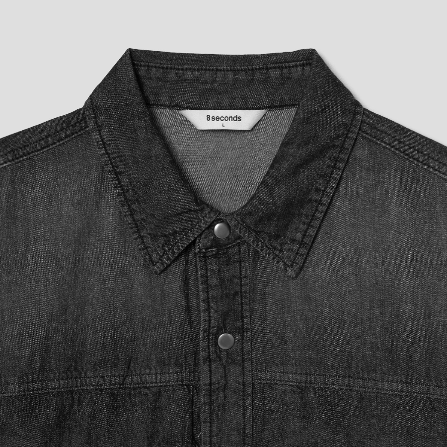 8 seconds Washing Texture Denim Short Sleeve Shirt — Black