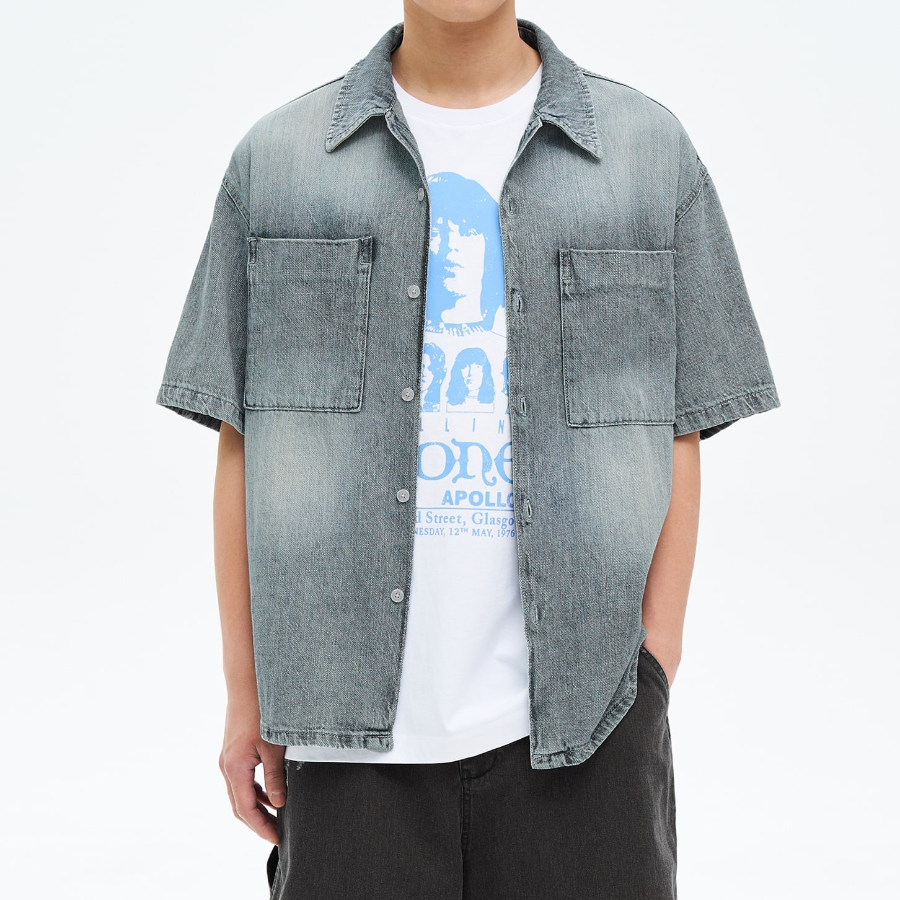 8 seconds Vintage Washed Denim Short-Sleeve Shirt — Sky Blue