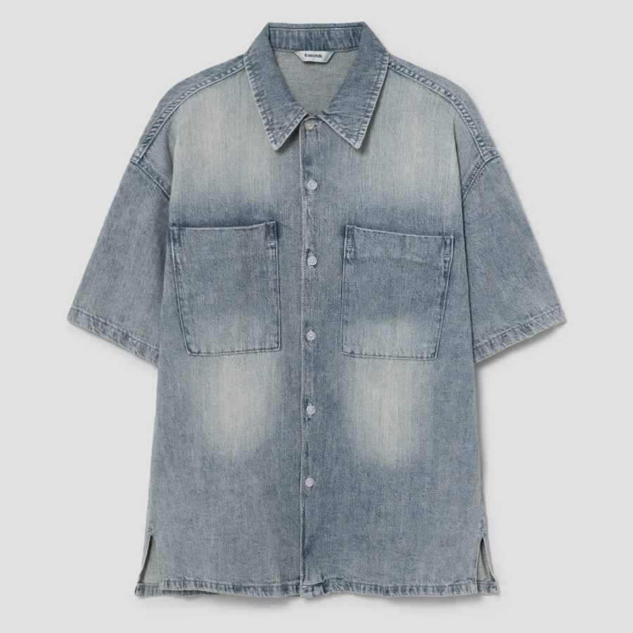 8 seconds Vintage Washed Denim Short-Sleeve Shirt — Sky Blue