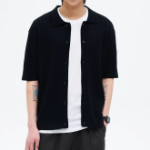 8 seconds Ribbed Collar Short Sleeve Cardigan — Black