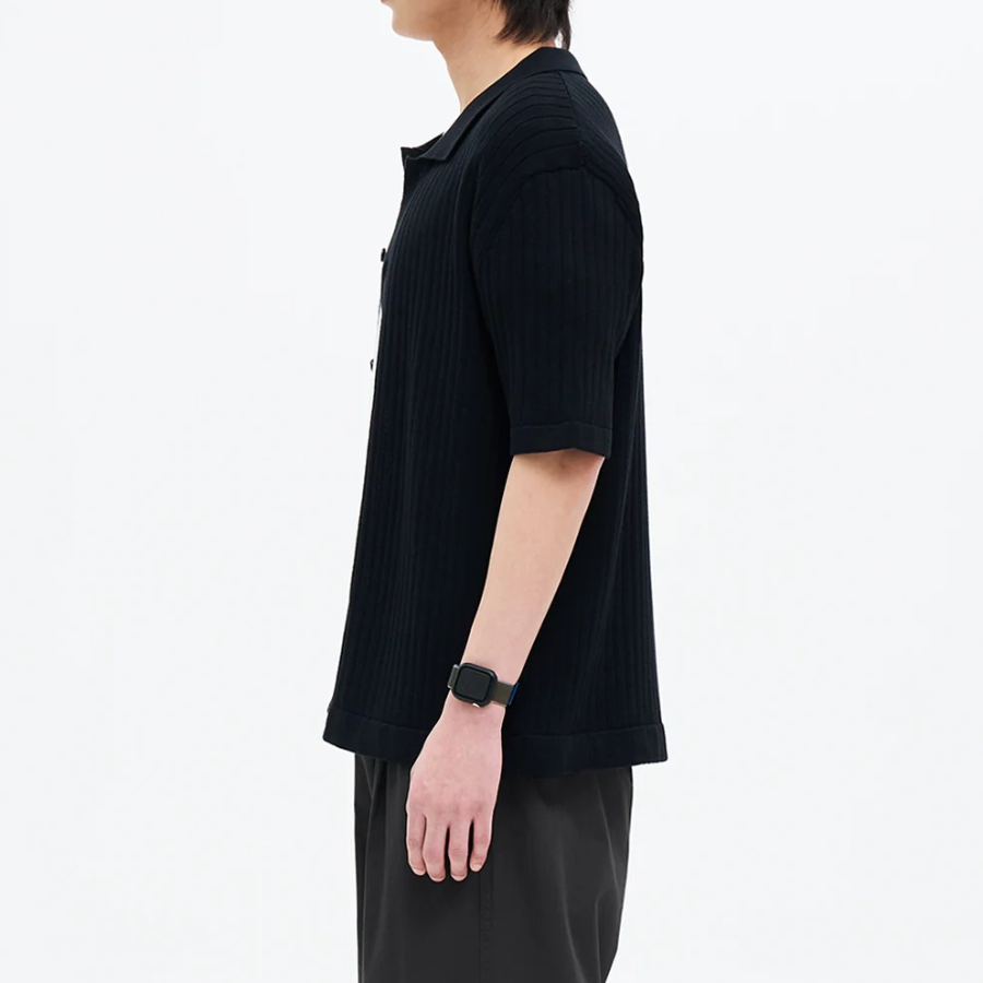 8 seconds Ribbed Collar Short Sleeve Cardigan — Black