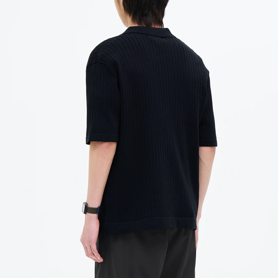 8 seconds Ribbed Collar Short Sleeve Cardigan — Black