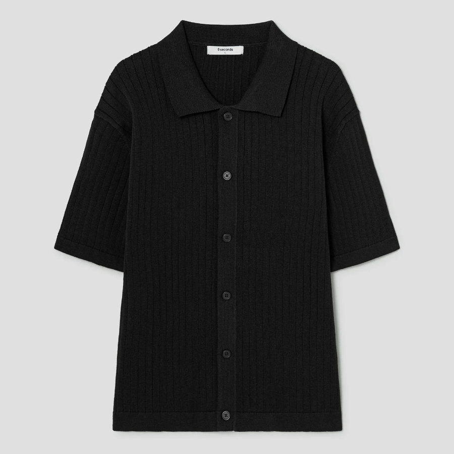 8 seconds Ribbed Collar Short Sleeve Cardigan — Black