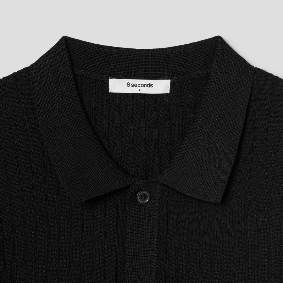 8 seconds Ribbed Collar Short Sleeve Cardigan — Black