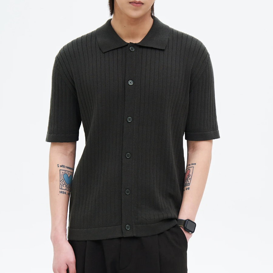 8 seconds Ribbed Collar Short Sleeve Cardigan — Khaki