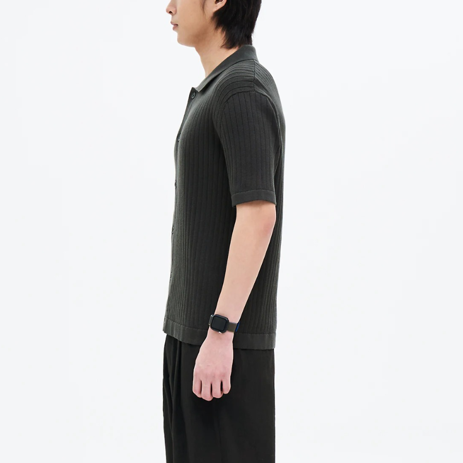 8 seconds Ribbed Collar Short Sleeve Cardigan — Khaki