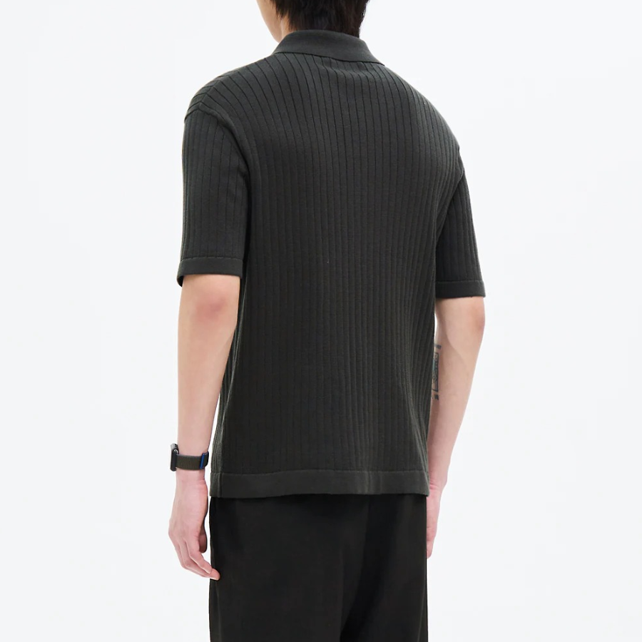 8 seconds Ribbed Collar Short Sleeve Cardigan — Khaki